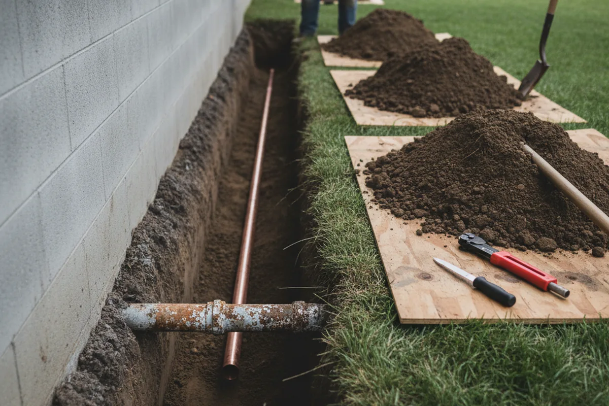 Excavated water line trench during Water Softener Installation in Cambridge